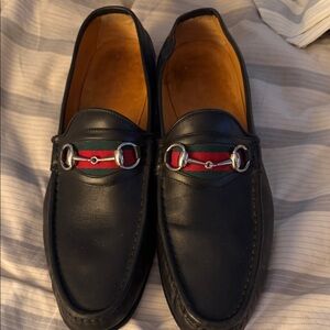 Gucci Black Leather Loafers with Red and Green Accents